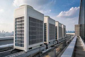 Rooftop mechanical units with city backdrop