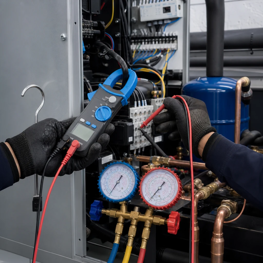 Diagnostic tools and gauges connected to an industrial HFC chiller