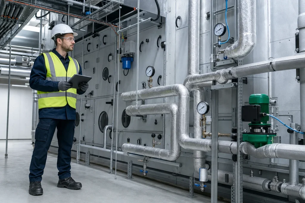 Engineer inspecting commercial air conditioning plant and gauges.