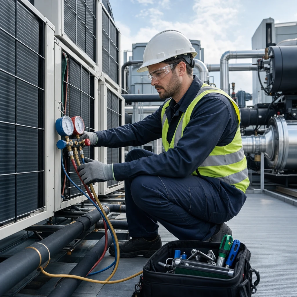 Engineer inspecting rooftop condenser units and pressure gauges.