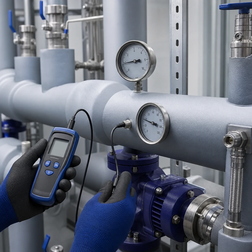 Gloved hands checking gauges on a chilled processing pipework system