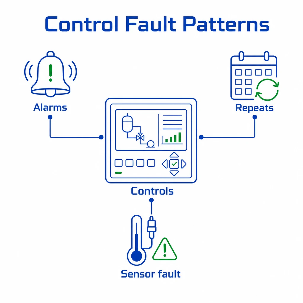 Graphic showing AC control alarms, repeat faults and sensor issues.