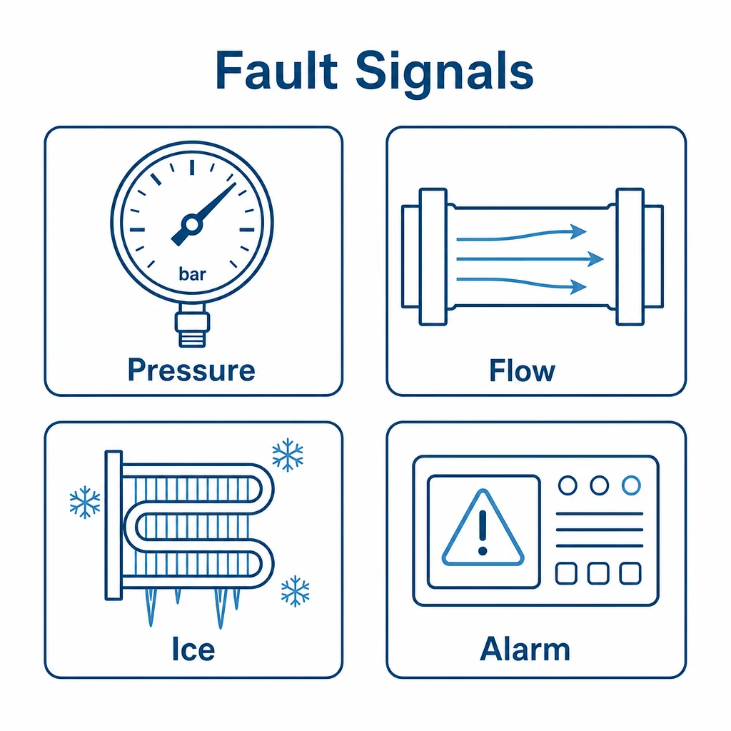 Graphic showing pressure flow ice and alarm fault signals