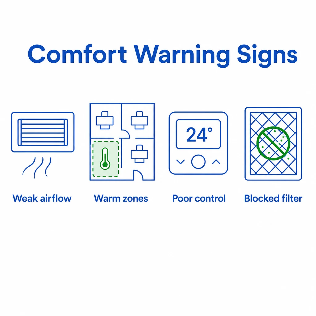 Graphic showing weak airflow, warm zones, poor control and blocked filters.