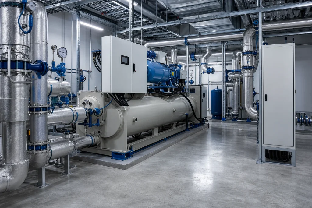 Industrial water glycol chiller and pipework in a clean plant room