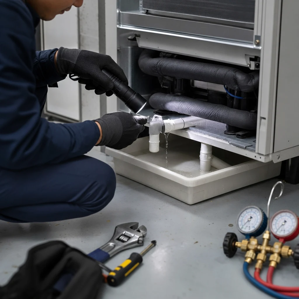 Technician checking a small condensate leak on commercial AC equipment.