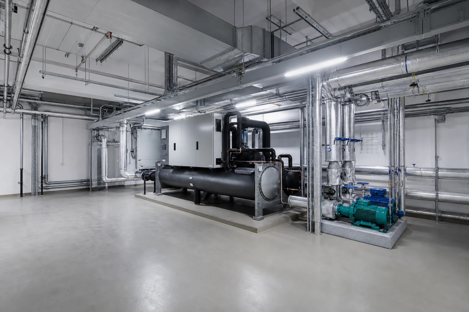 Clean chiller and pump area in an industrial plant room.