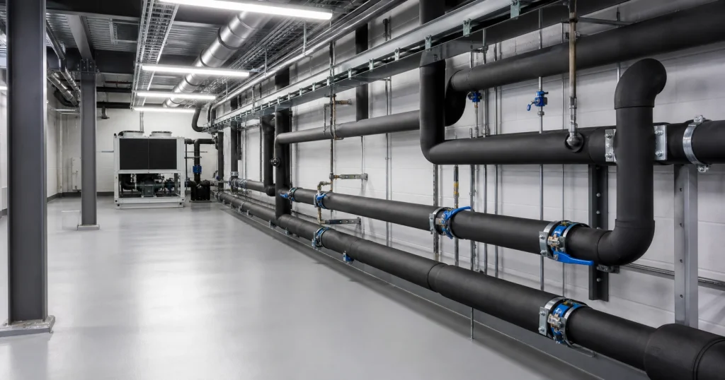 Clean industrial refrigeration plant room with tidy pipework.
