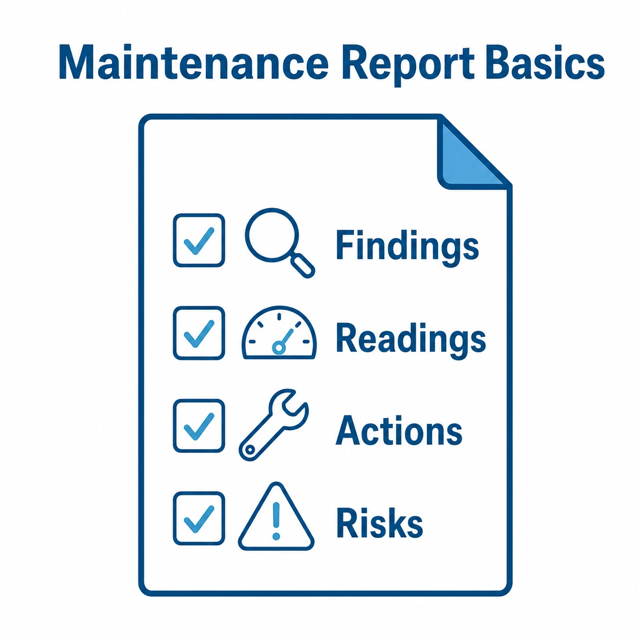 Graphic checklist of key maintenance report items.