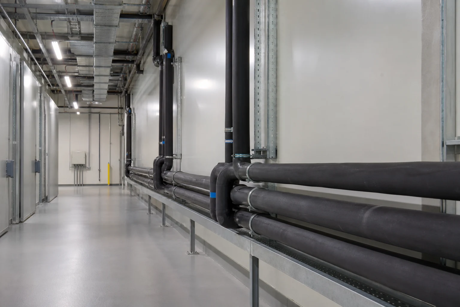 Neatly insulated refrigeration pipework in a clean service corridor.